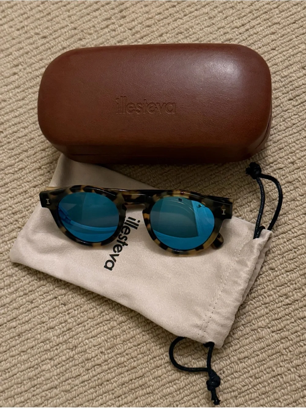 Illesteva Leonard Sunglasses - Blue Mirrored Lenses and Tortoise Frame - Unisex